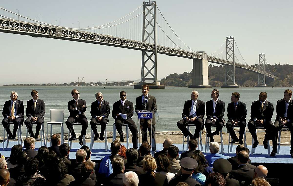 Golden State Warriors basketball team executive, Peter Guber, officially announces plans, on Tuesday May 22, 2012, in San Francisco,Ca., to build a new arena on Piers 30 and 32 in time for the start of the 2017-2018 NBA season.