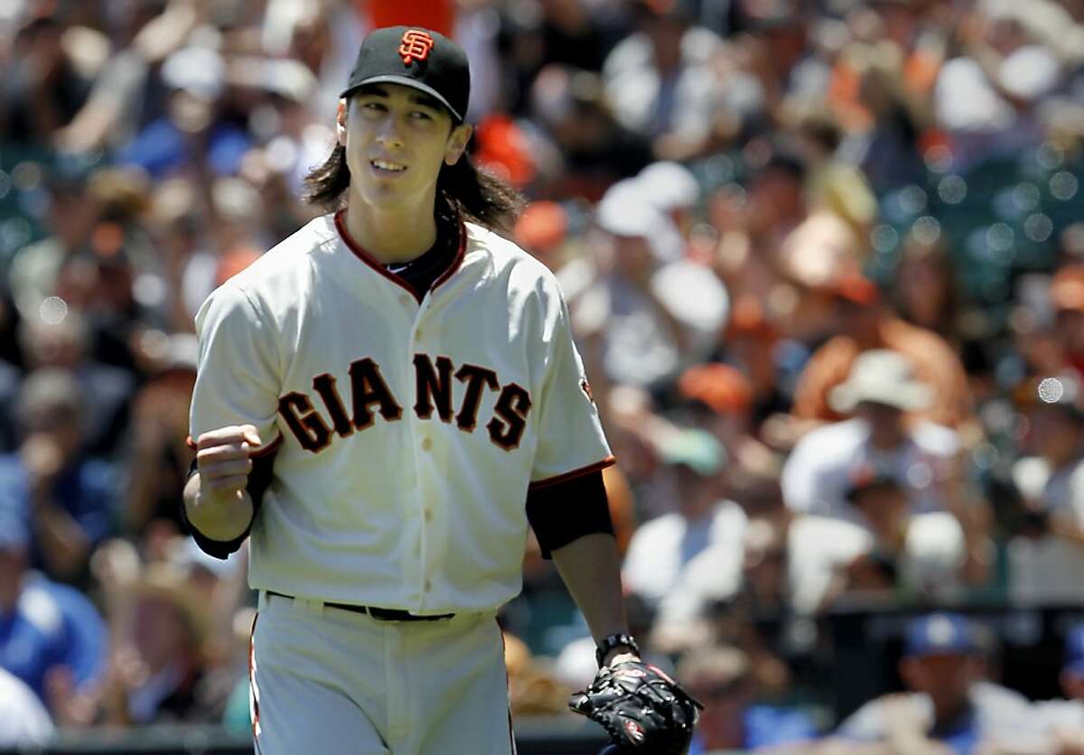 Tim Lincecum reacted to a first inning double play. The San Francisco Giants vs. the Los Angeles Dodgers in the last of a three game series Wednesday June 27, 2012 at AT&T park.