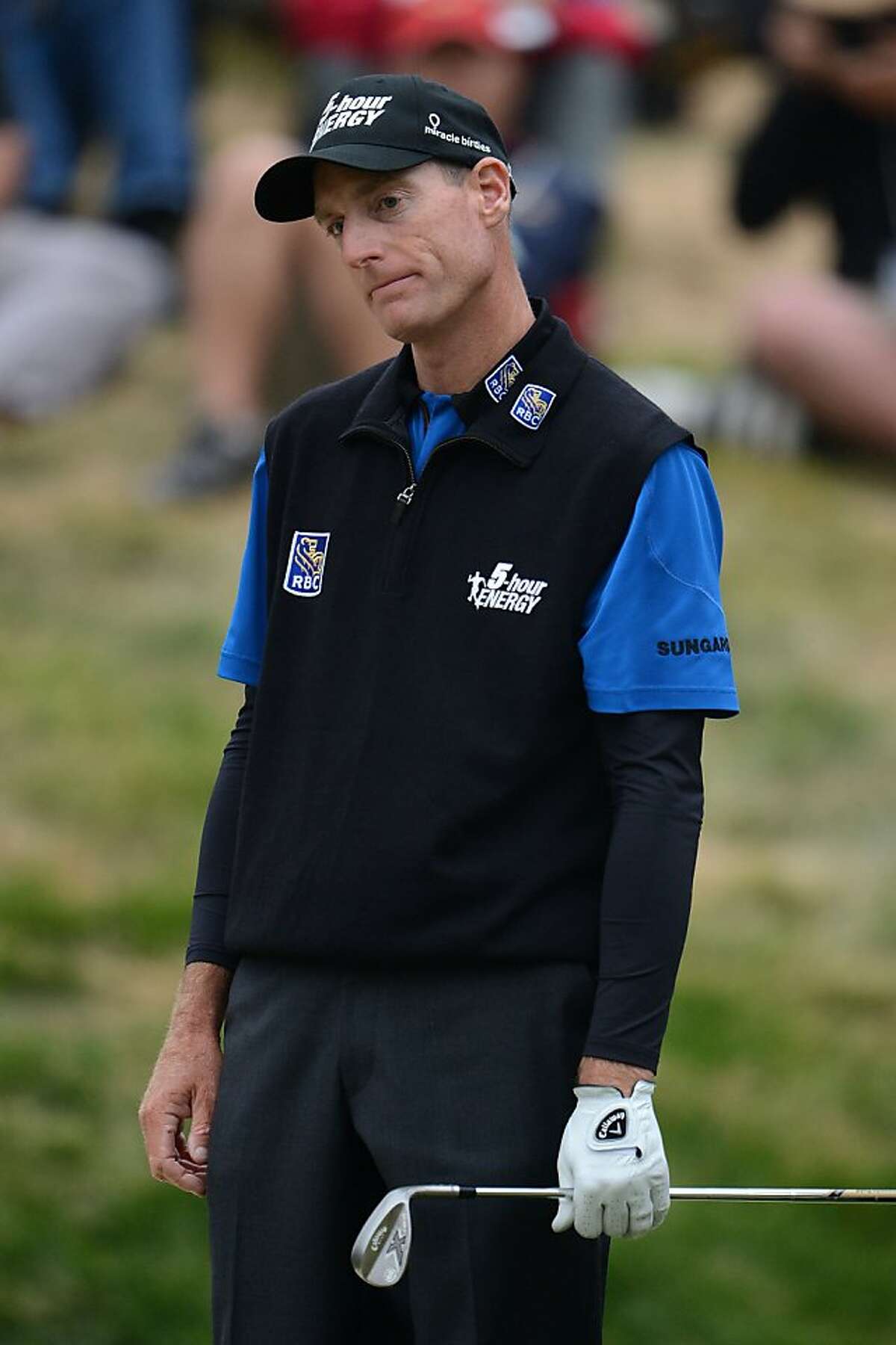 SAN FRANCISCO, CA - JUNE 17: Jim Furyk of the United States reacts to his bunker shot on the 18th hole during the final round of the 112th U.S. Open at The Olympic Club on June 17, 2012 in San Francisco, California. (Photo by Stuart Franklin/Getty Images)