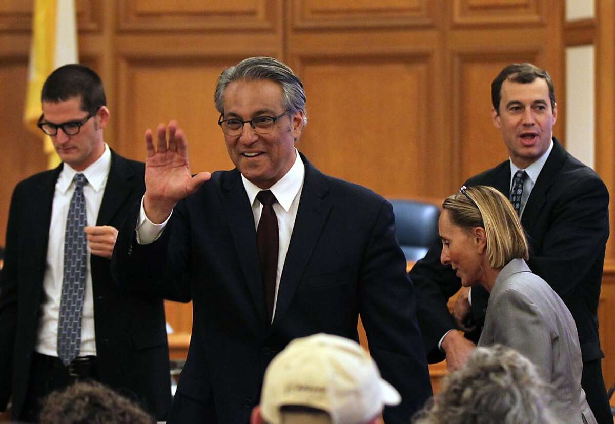 Ross Mirkarimi center greets supporters prior to the start of the Ethics Commission hearing at San Francisco City Hall on charges of official misconduct pending against Sheriff Ross Mirkarimi Thursday June 28, 2012 in San Francisco Calif.