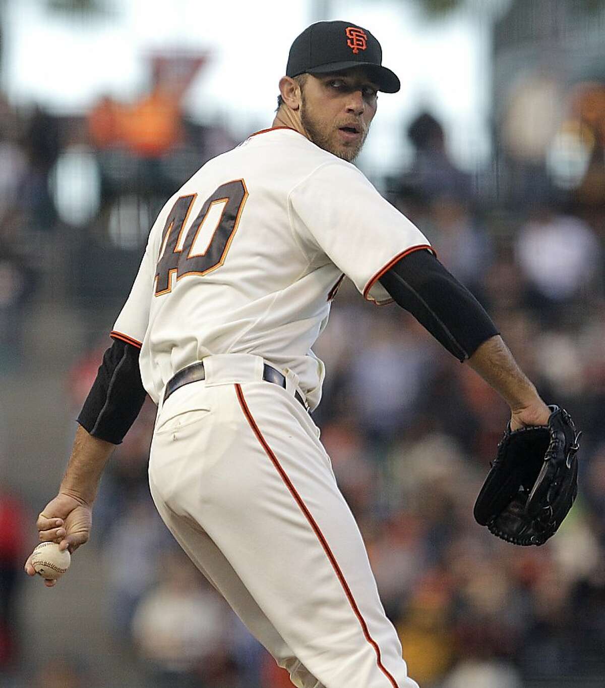 San Francisco Giants' Madison Baumgarner works against the Cincinnati Reds in the first inning of a baseball game on Thursday, June 28, 2012, in San Francisco. (AP Photo/Ben Margot)