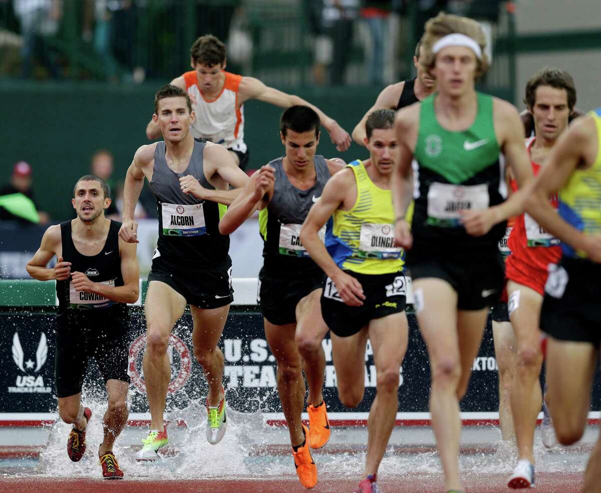 Kyle Alcorn competes during the men's 3000 meter steeplechase final at the U.S. Olympic Track and Field Trials Thursday, June 28, 2012, in Eugene, Ore. (AP Photo/Marcio Jose Sanchez)