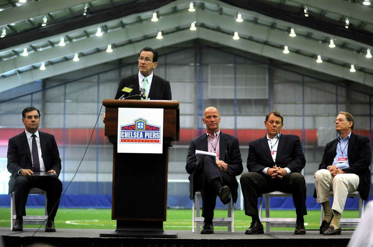 Stamford Mayor Michael Pavia, Gov. Dannel P. Malloy, David A.Tewksbury, Roland W. Betts and Tom A. Bernstein at the Chelsea Piers Connecticut ceremonial ribbon cutting at the Blachley Road campus in Stamford, Conn. on Thursday June 28, 2012.