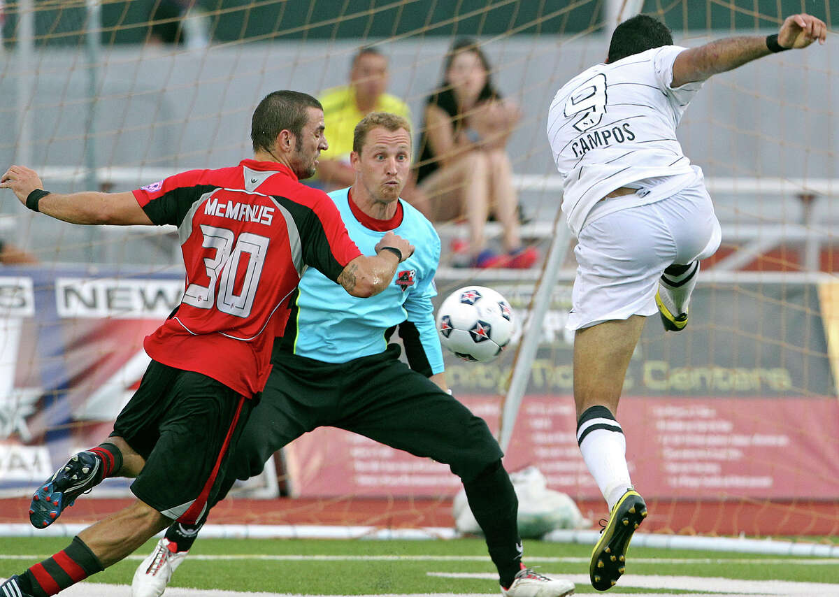 San Antonio's Pablo Campos takes a close range shot at the goal but his effort is nullified by a handball ruling as the San Antonio Scorpions host the Atlanta Silverbacks at Heroes Stadium on June 30, 2012.