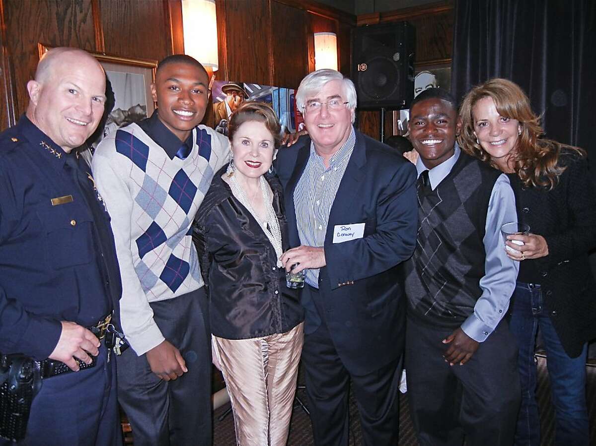 SFPD Chief Greg Suhr (at left) with student David Aaron, Ann Caen, Ron Conway, student Dion Herron and Gayle Conway. June 2012. By Catherine Bigelow.
