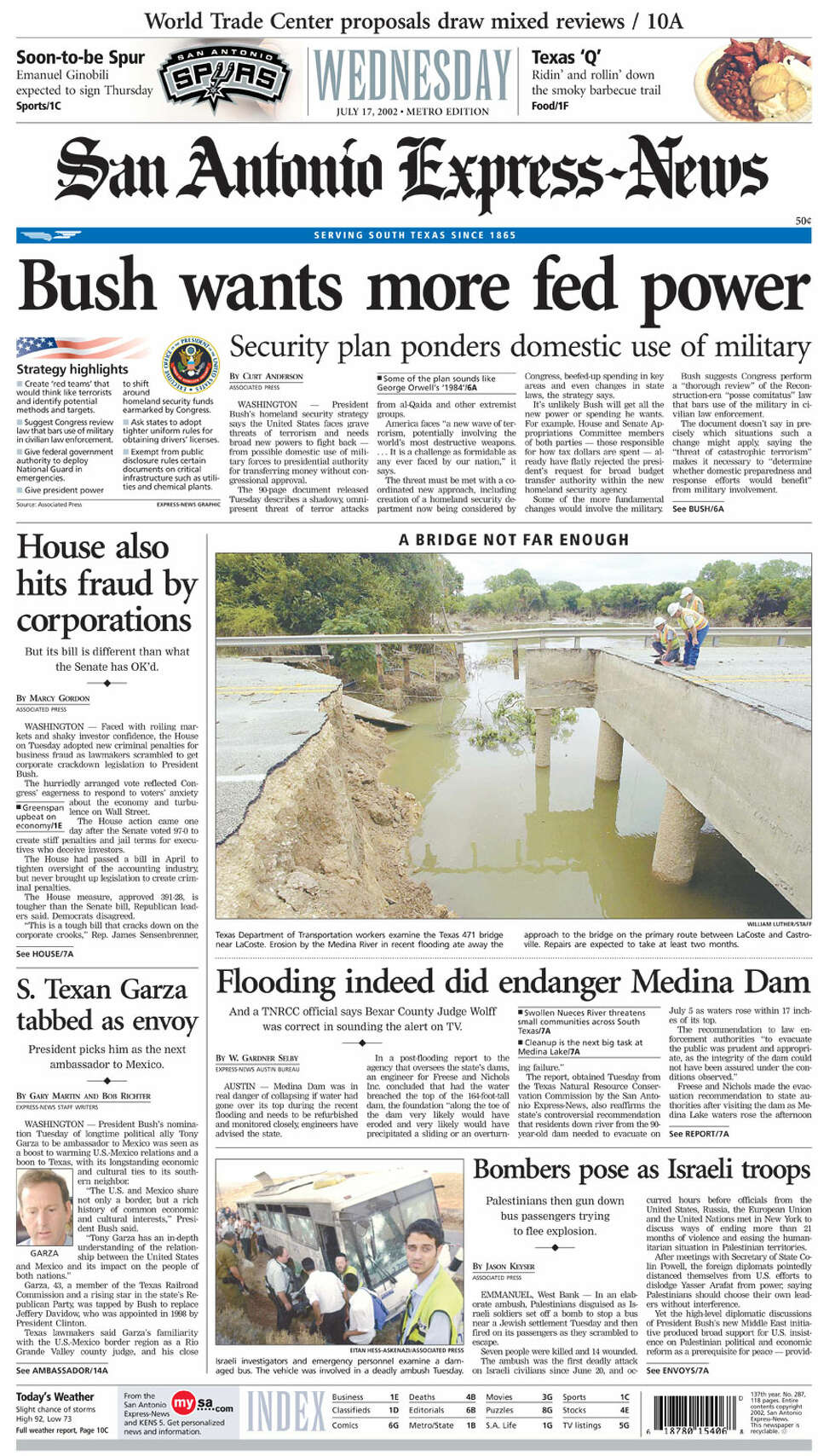 Front pages of the Express-News coverage from the 2002 flood