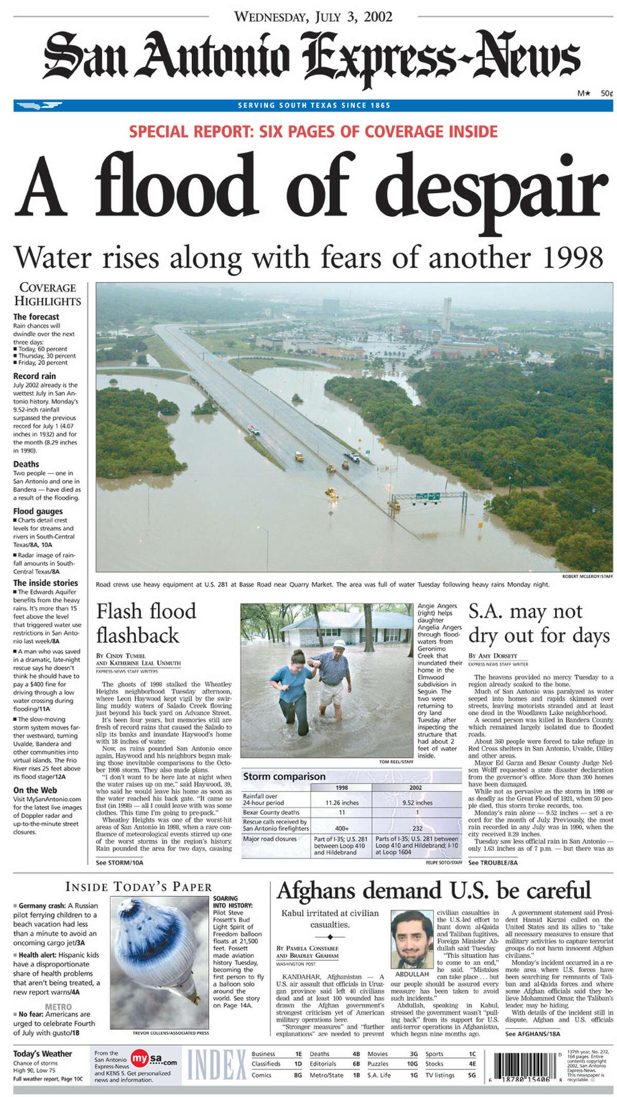 Front pages of the Express-News coverage from the 2002 flood