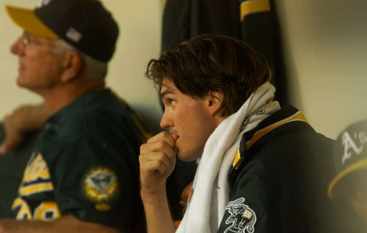 2001 — Barry Zito, a year away from his Cy Young, in the dugout during Game 3 of the ALDS between the A's and the Yankees. That year, Zito had a career-high 205 strikeouts.