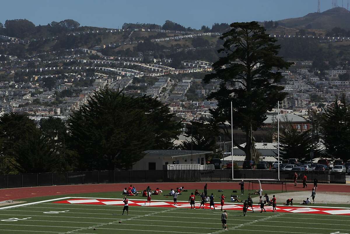 The school football team practicing at City College of San Francisco in San Francisco, Calif., on Tuesday, July 7, 2012.