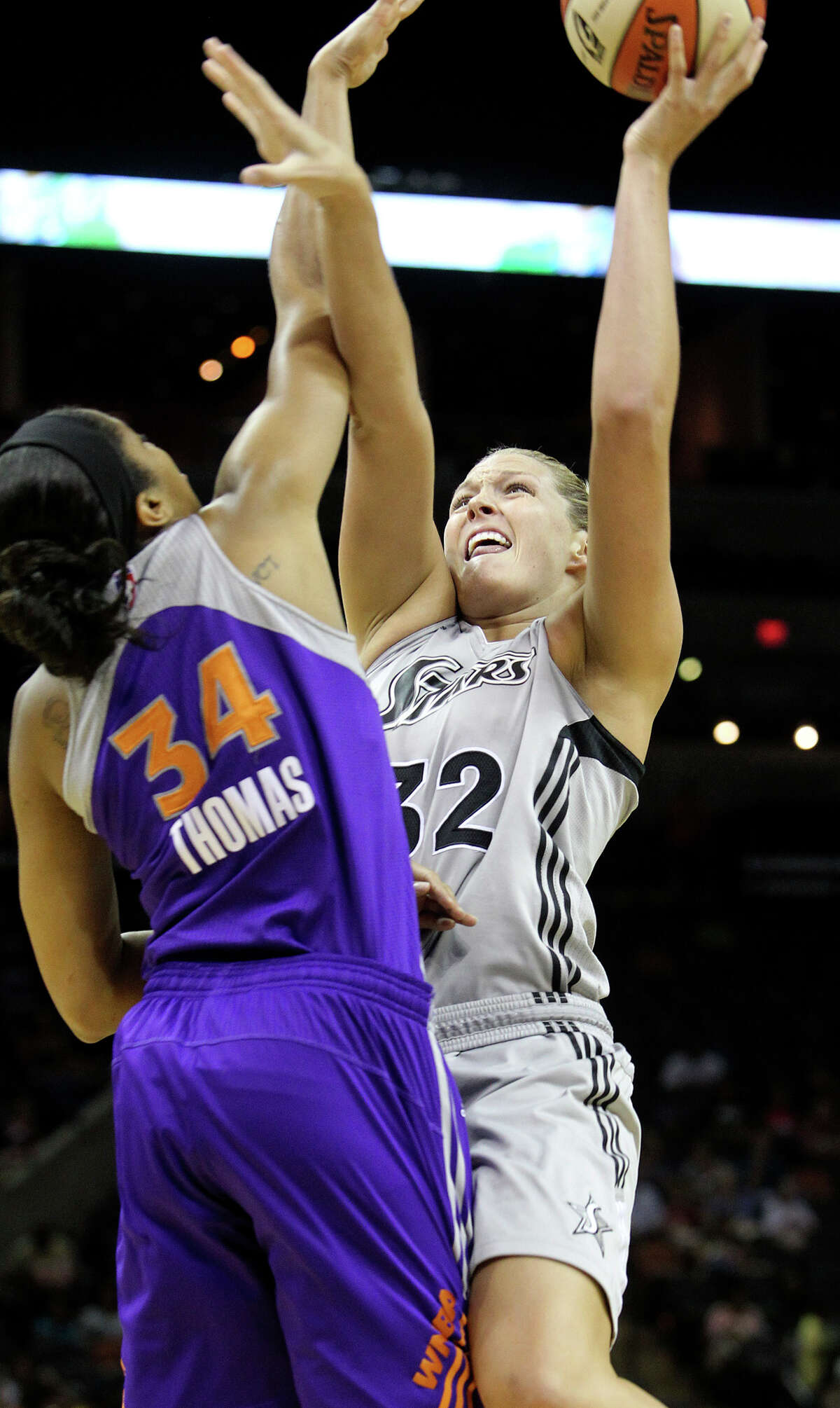 Jane Appel goes up against Krystal Thomas as the Silver Stars host the Phoenix Mercury at the AT&T Center on July 3, 2012.