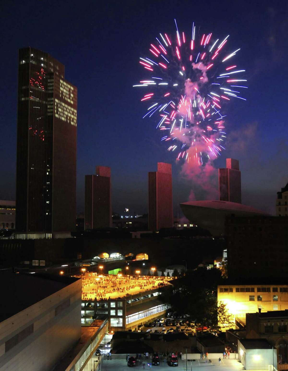 The bang the booms and the sight of fireworks fill the twilight sky during the Price Chopper 4th of July celebration at the Empire State Plaza in Albany N.Y.Wednesday July 4, 2012. (Michael P. Farrell/Times Union)