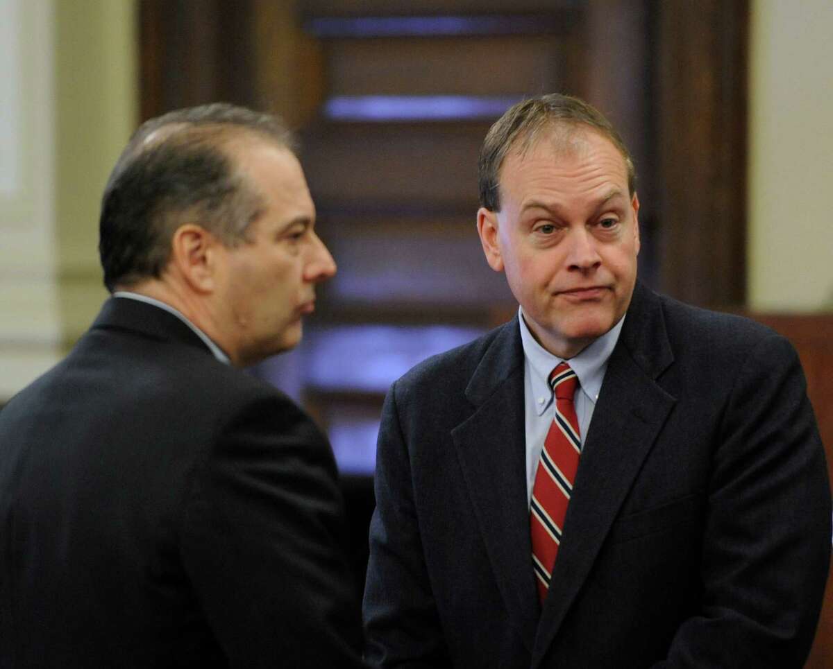 Edward McDonough, right confers with his attorney Brian Premo before his final summation in the ballot fraud case in the Rensselaer County Courthouse in Troy, N.Y. March 2. 2012. (Skip Dickstein / Times Union)