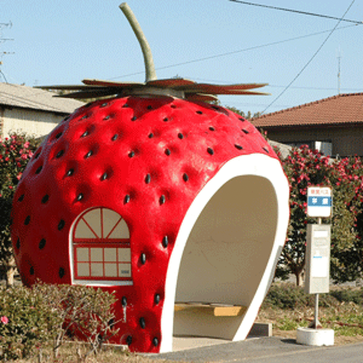 This giant strawberry is where riders wait for the bus in Konagai, Japan. It's one of 16 fruity bus shelters in the region. They were originally constructed for the 1990 Travel Expo but have become a local tourist attraction, according to the Inhabitat blog.