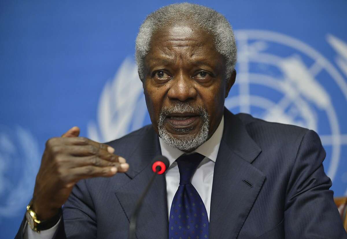FILE - In this Saturday, June 30, 2012 file photo, Kofi Annan, Joint Special Envoy of the United Nations and the Arab League for Syria speaks during a news conference following the Action Group on Syria meeting in the Palace of Nations, at the United Nations' Headquarters in Geneva, Switzerland. Special U.N. envoy Kofi Annan acknowledged in an interview published Saturday, July 7, 2012 that the international community's efforts to find a political solution to the escalating violence in Syria have failed. Annan also said that more attention needed to be paid to the role of longtime Syrian ally Iran, and that countries supporting military actors in the conflict were making the situation worse. (AP Photo/Martial Trezzini, Keystone, File)
