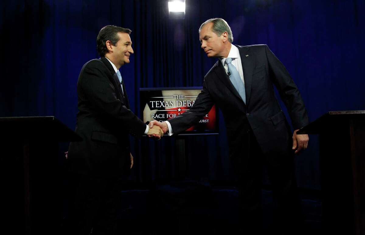 U.S. Senate Candidates Ted Cruz, left, and Texas Lt. Gov. David Dewhurst shake hands before their televised debate in Dallas, Texas, Friday, June 22, 2012. Cruz and Dewhurst are locked in a runoff fight for the Republican nomination to fill Texas' open U.S. Senate seat.