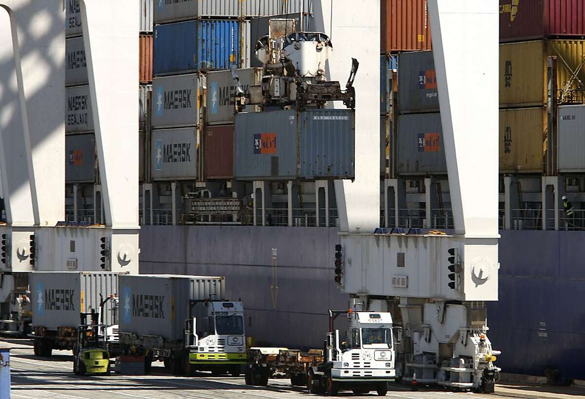 Port of Oakland berth 55 as cargo is being taken off trucks and loaded onto container ships with US exports in Oakland, Calif., on Thursday, June 28, 2012.