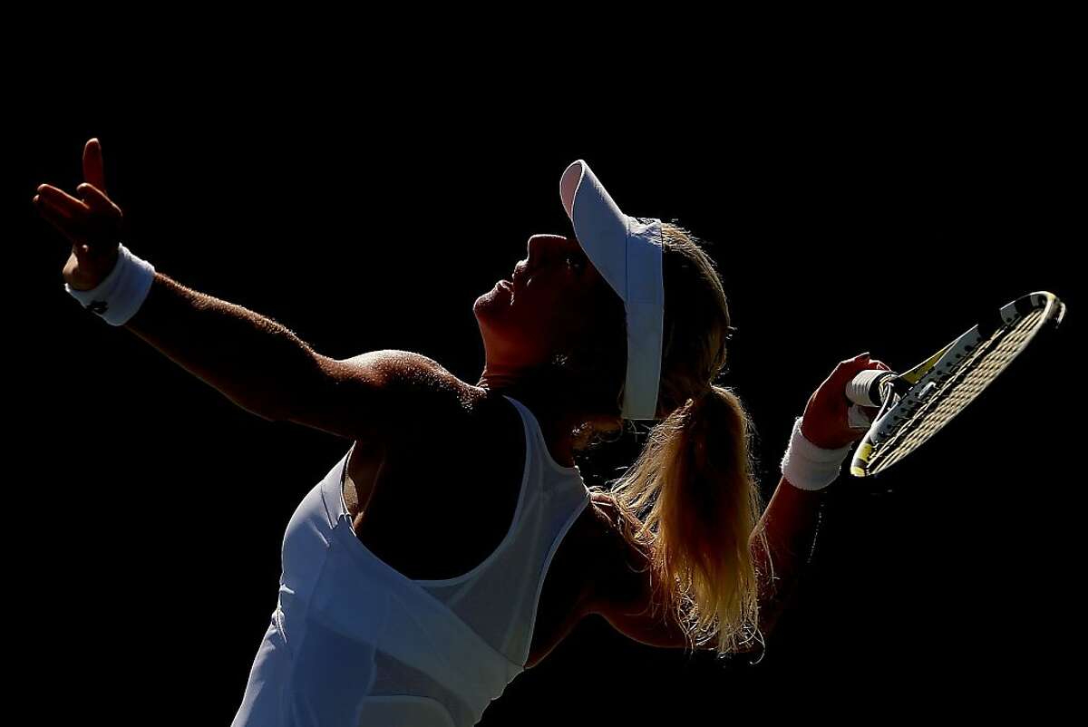 STANFORD, CA - JULY 10: Urzula Radwanska of Poland serves to Eleni Daniilidou of Greece during the Bank of the West Classic at Stanford University Taube Family Tennis Stadium on July 10, 2012 in Stanford, California. (Photo by Matthew Stockman/Getty Images)