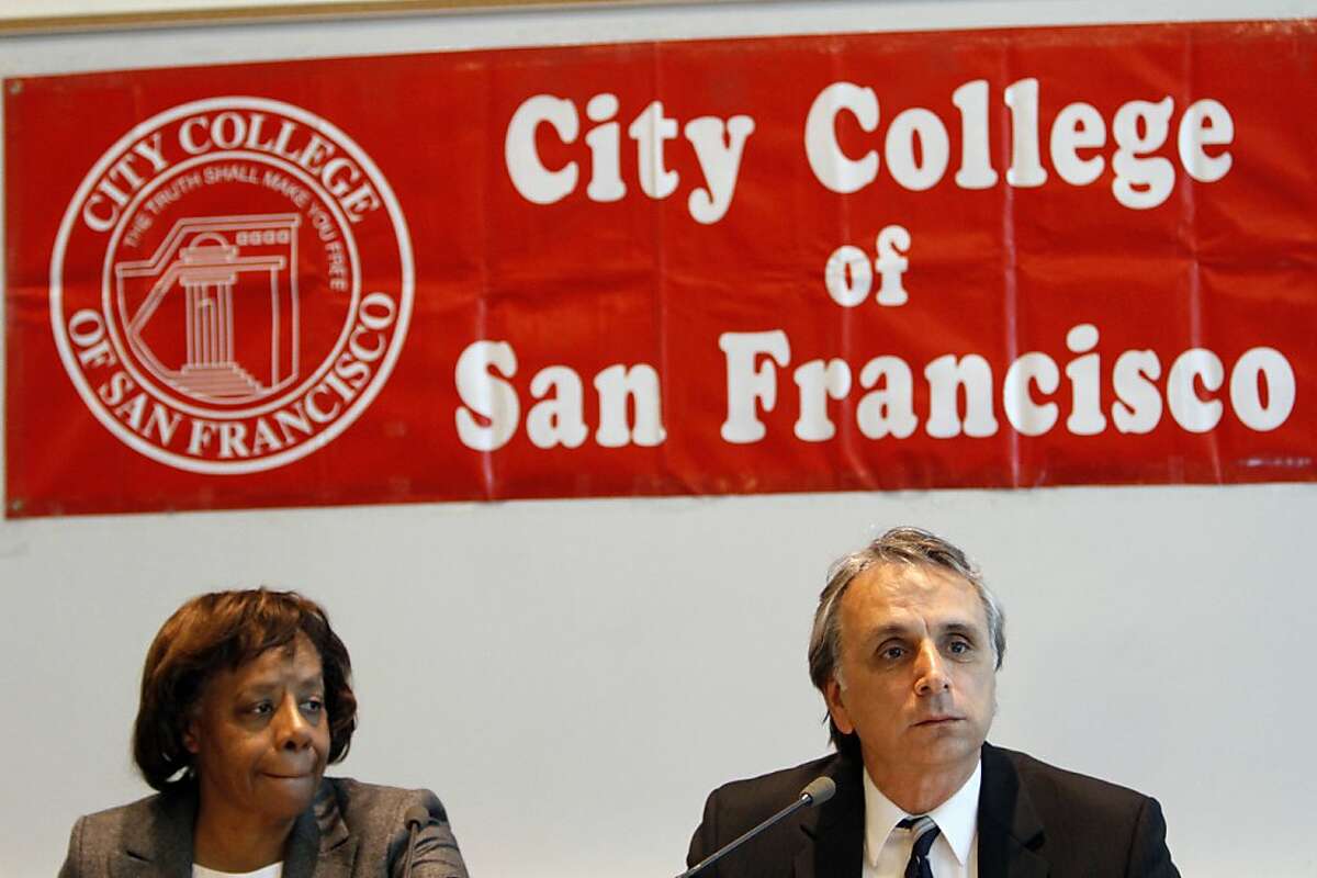 City College of San Francisco Board of Trustees president John Rizzo, right, and vice president Dr. Anita Grier, left, listen during their meeting in San Francisco, Calif., Tuesday, July 10, 2012. Interim chancellor Pamila Fisher and the Board of Trustees heard from the public and talked about the next steps to keeping the school open after the Accrediting Commission's announcement that the school is so poorly run it needs to prove why it should stay open.