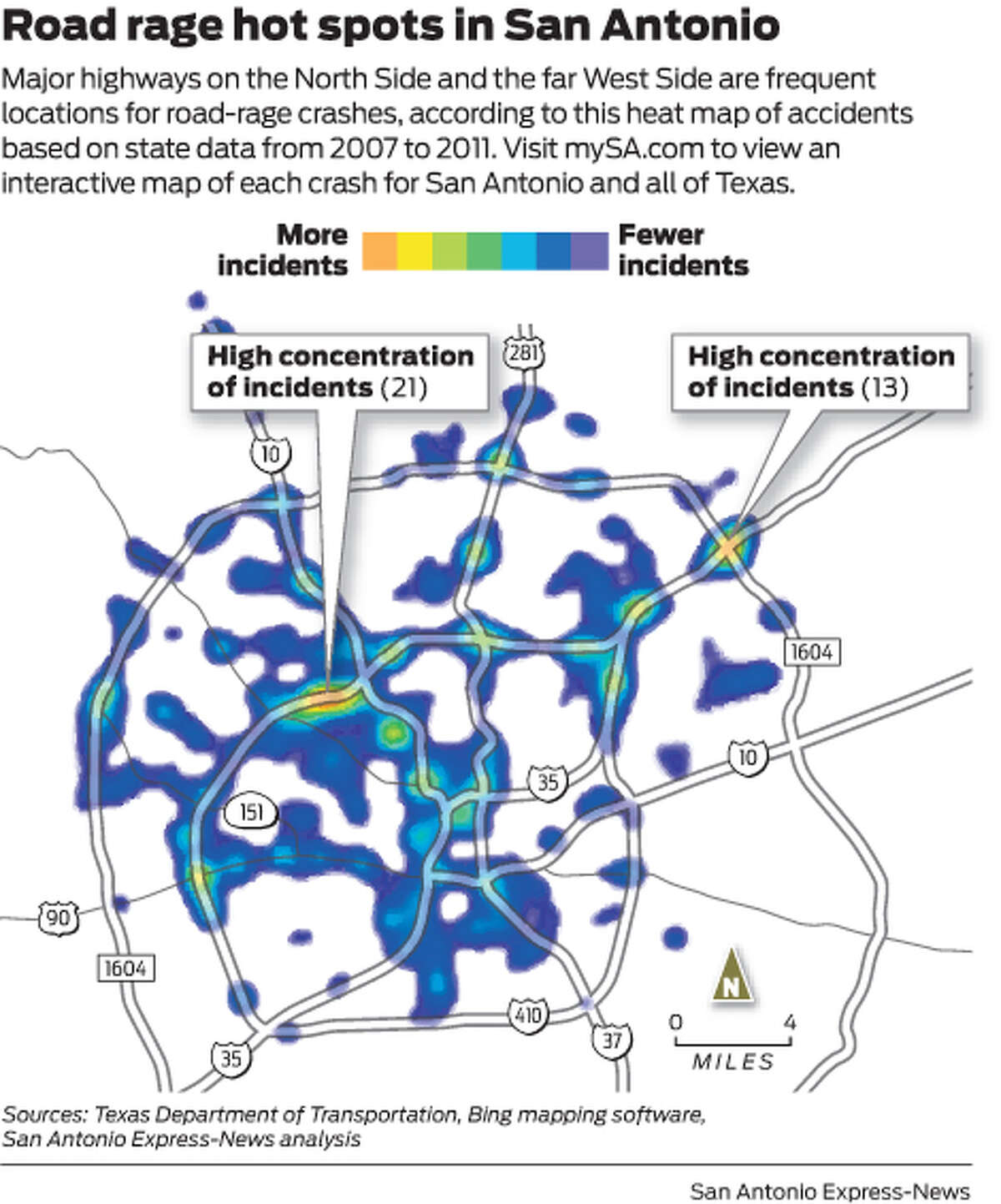 Major highways on the North Side and the far West Side are frequent locations for road-rage crashes, according to this heat map of accidents based on state data from 2007 to 2011. Visit mySA.com to view an interactive map of each crash for San Antonio and all of Texas.
