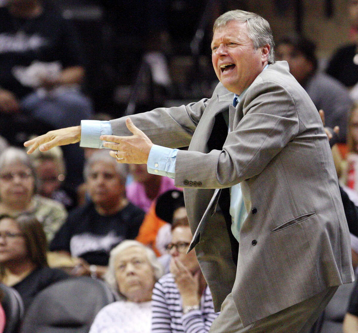 Silver Stars' headcoach Dan Hughes reacts after a call during second half action against the Dream Friday, July 13, 2012 at the AT&T Center. The Stars won 91-70.