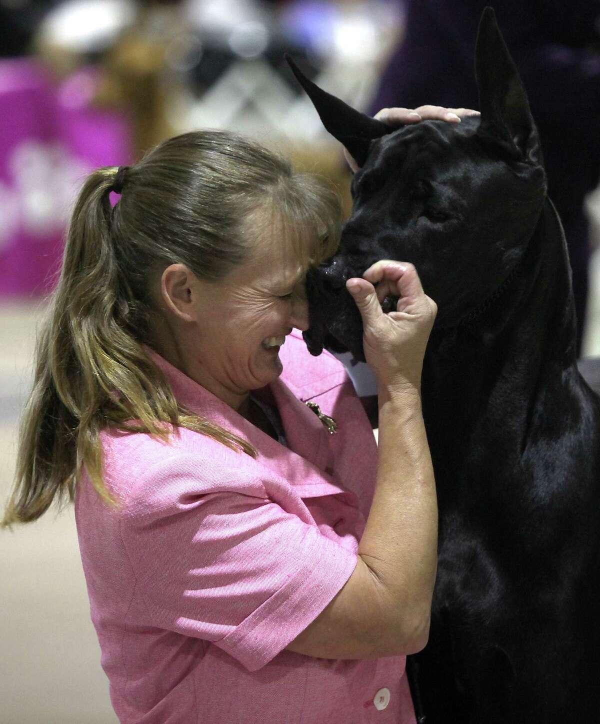 Laura Coomes embraces her black Great Dane, Scout, after winning Best in Show during the River City Cluster of Dog Shows for Bexar County Kennel Club on Sunday, July 15, 2012 at Freeman Coliseum. Scout won three best in shows in a row this weekend.