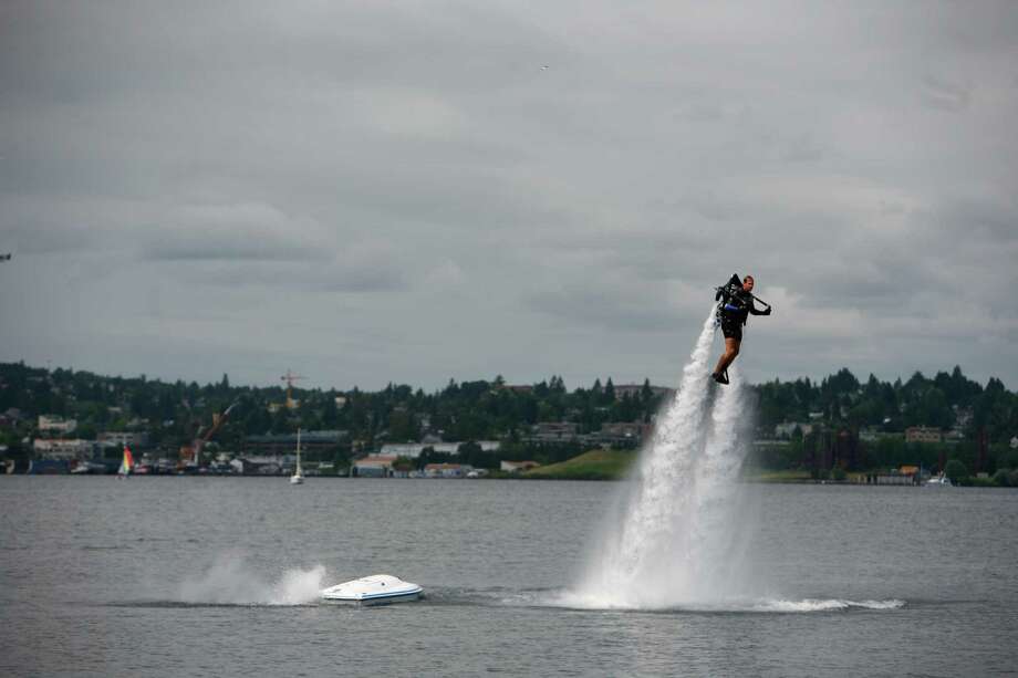 Waterpowered jet pack over Lake Union