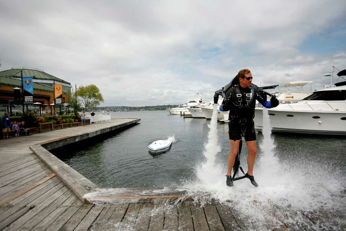 Waterpowered jet pack over Lake Union