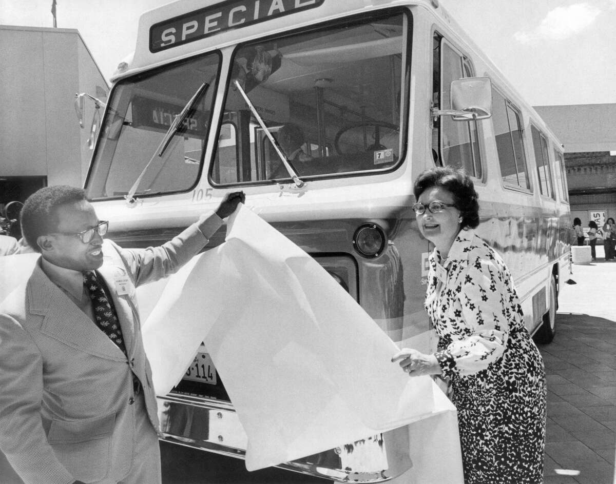 In 1948, the San Antonio Transit Company began operation of air-conditioned buses. Pictured is Chairman of the San Antonio Transit System Murrene Gilford (L) and then Mayor of San Antonio Lila Cockrell, June 27, 1975.