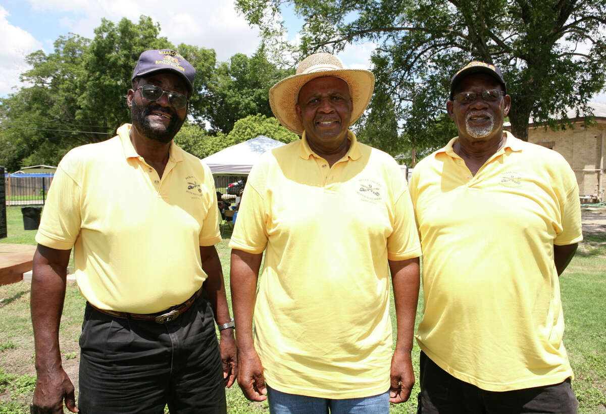 OTS/HEIDBRINK - Trooper Gene Wilson, from left, vice president Billy Gordon and recruiter Ken Vaughn gather at the Bexar County Buffalo Soldiers Association Buffalo Soldiers Heritage Month Celebration at Buffalo Soldier Memorial Park on 7/14/2012. This is #1 of 2 photos. names checked photo by leland a. outz