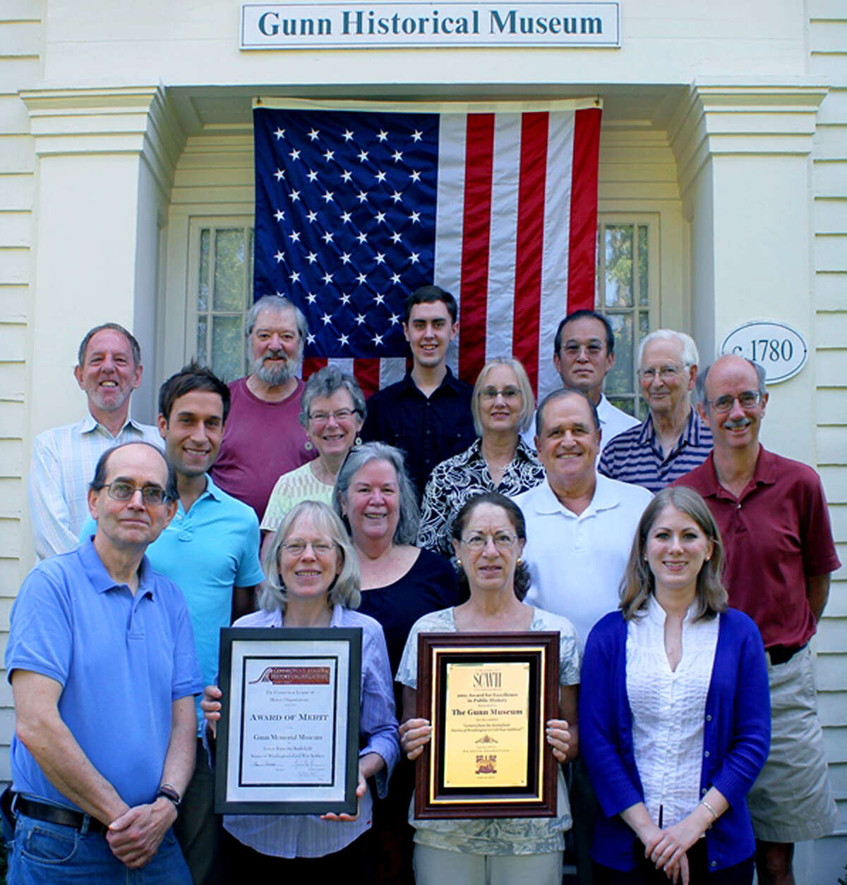 Among the many volunteers and Gunn Memorial Museum staff who assisted with Civil War commemoration are, fronmt row, from left to right, David Babington, Ann Quackenbos, Sandy Booth and Samantha Heberton; second row: museum curator Stephen Bartkus, Paula Krimsky, Keith Templeton and Michael Bird, third row, Richard Kleinberg, Nancy Chute, Sarah Griswold and Willie Smith; and, fourth row, Douglas Schlicher, Zachary Bodnar and Chris Zaima. Courtesy of Gunn Memorial Museum