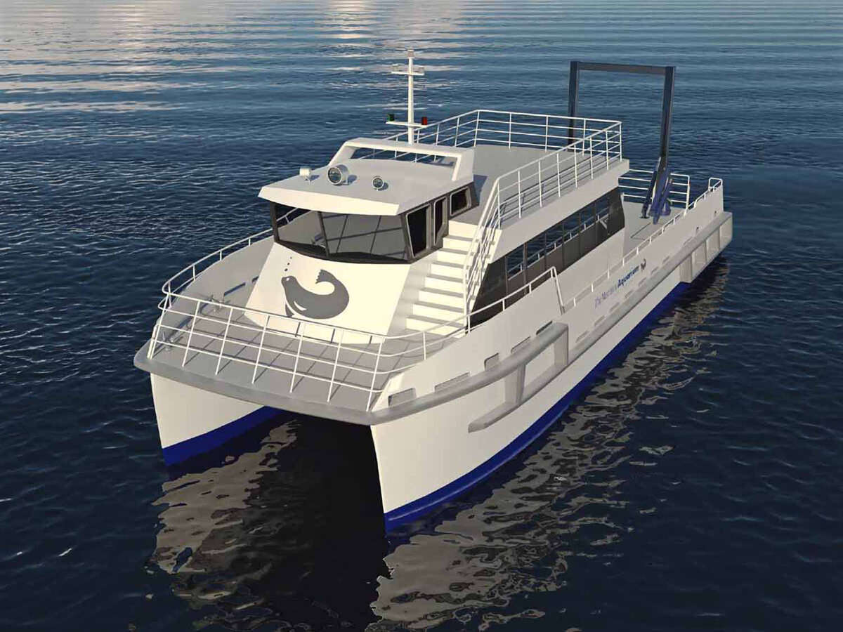Artist rendering of a proposed $2.5 million, 65-foot catamaran hybrid research vessel The Maritime Aquarium in Norwalk is currently raising funds to buy to replace its 33-year-old diesel trawler.