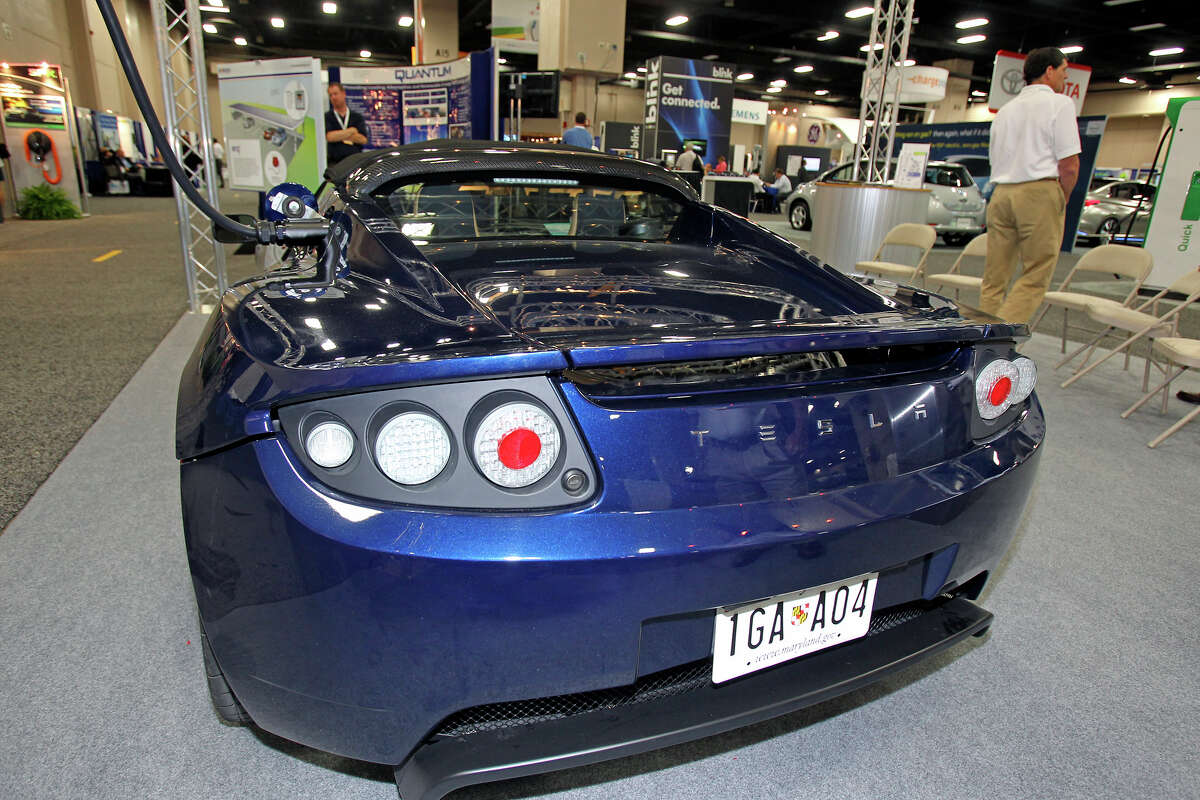 A Tesla, which can go 0-60 in 3.9 seconds, is shown at the Plug-In-2012 Convention & Expo at the Gonzalez Convention Center on July 25, 2012.