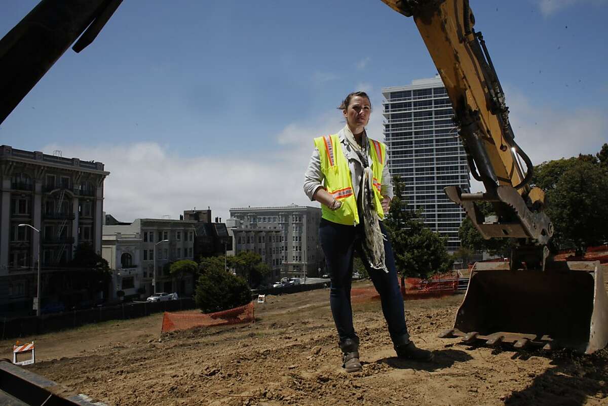 Angela Bauman of Bauman Construction walks through the Lafayette Park, Wednesday July 25, 2012, in San Francisco, Calif. After a complaint by one resident the renovation has stopped and all but three construction workers have been laid off costing the city close to $10,000 a day.