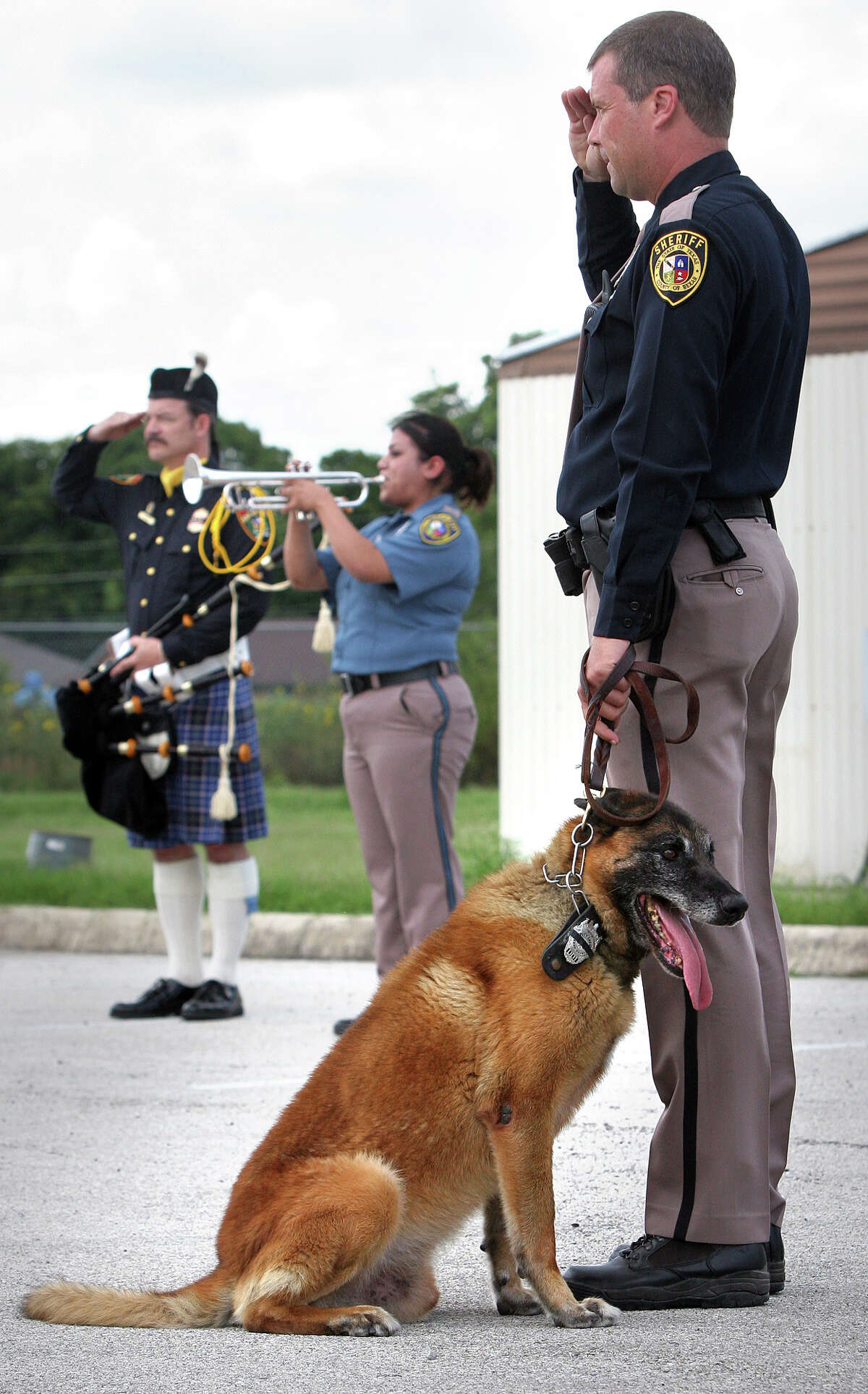 Metro daily - Deputy Steve Benoy, left, of the Bexar County Sheriff K9 Unit salutes as he holds his dog Blitz, as taps are played for Andor, badge number 007, who was retired today during a memorial service after passing away June 27, 2007, Friday, July 6, 2007.