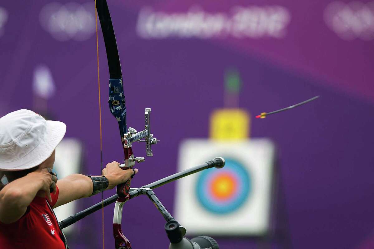 USA's Jennifer Nichols fires an arrow toward the target during the women's archery ranking round at the 2012 London Olympics on Friday, July 27, 2012.