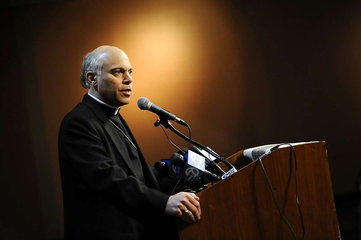 Newly appointed Archbishop Coridileone speaks during a press conference held at St. Mary's Cathedral.