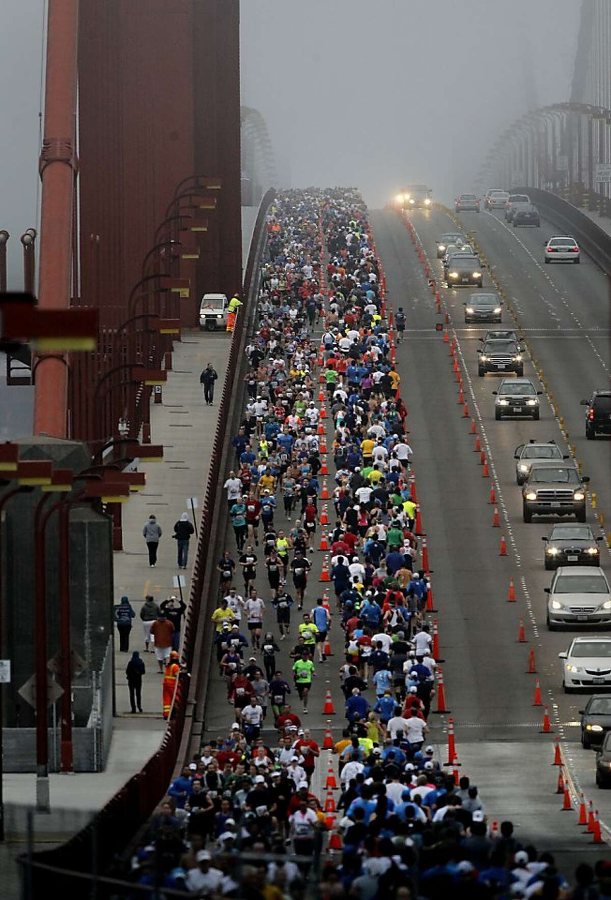 The Golden Gate Bridge was mostly in fog when the runners crossed. The annual San Francisco Marathon starts and ends on the Embarcadero. Marathon runners also ran across a foggy Golden Gate Bridge Sunday July 29, 2012.