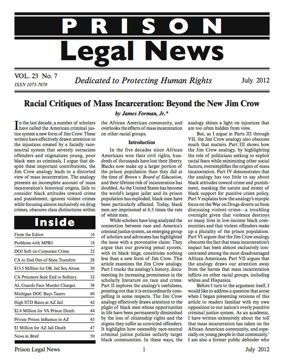 The July 2012 issue of Prison Legal News.