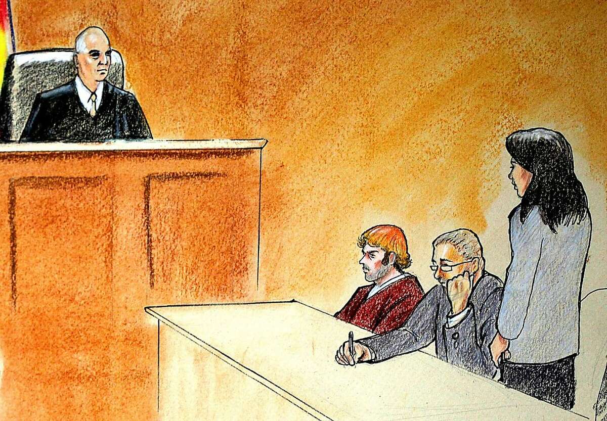 In this courtroom sketch, suspect James Holmes, third from right, sits in district court Monday, July 30, 2012, in Centennial, Colo., during his arraignment where he was formally charged with 24 counts of murder and 116 counts of attempted murder in the shooting rampage at an Aurora movie theater, on July 20. From left are: District Judge William Blair Sylvester; suspect James Holmes; and defense attorneys Daniel King and Tamara Brady. (AP Photo/Jeff Kandyba, Pool)
