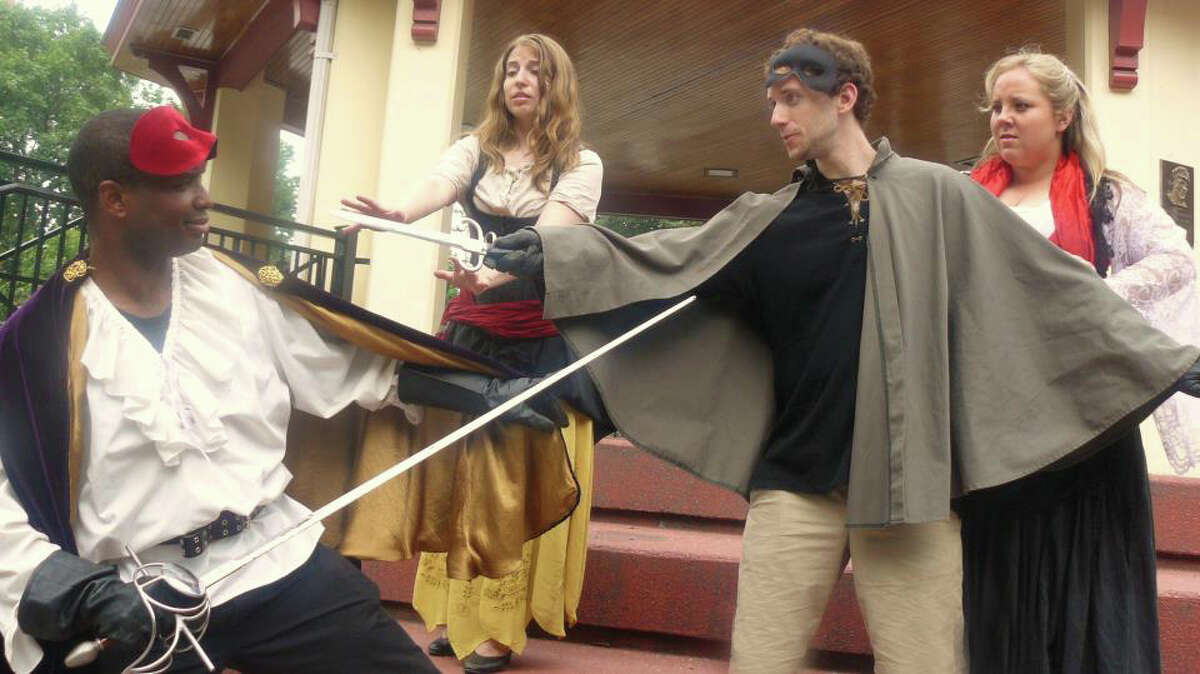 The distressed lover Cardenio (David Rosenberg, right) defends his intended bride Luscinda (Noelle Fair, right) from the advances of his best friend Fernando (Michael Hagins, left) as Fernando's sometimes girlfriend Dorotea (Melissa Meli) tries to get her man back in Hudson Shakespeare Company's production of the "lost" Shakespeare play "Cardenio." The show will be presented on the grounds of the Stratford Library on Saturday, August 11.