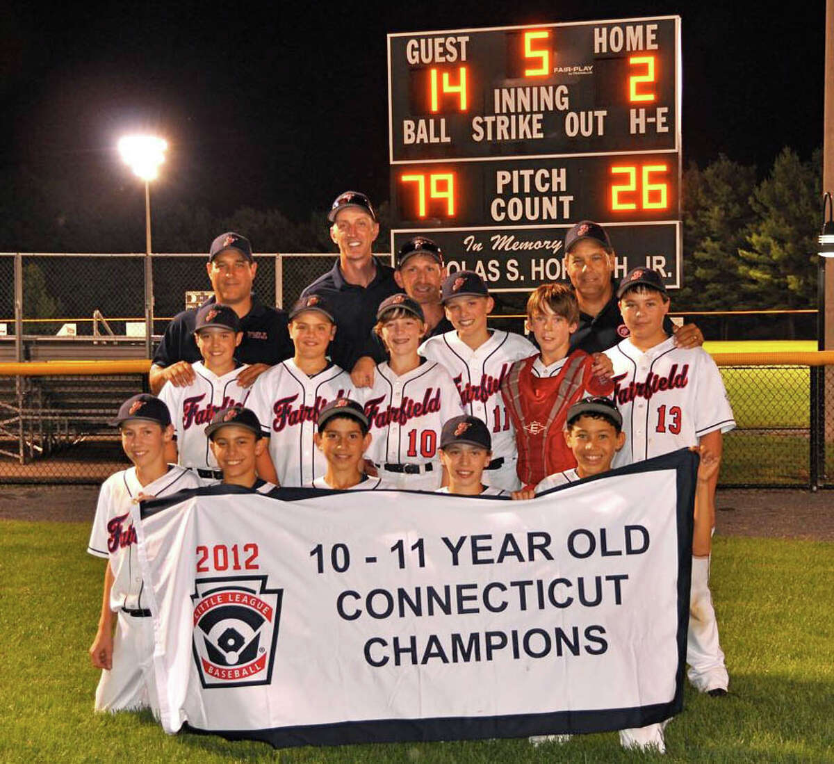 The Fairfield National Little League 11-year-old team won the state championship with a 2-0 sweep of Coginchaug, capped with a 14-2 win on Monday night. The team, pictured, front row from left, is Owen Polley, Daniel Fallacaro, Stephen Paolini, Sammy Klein, Christopher Bogan; middle row: C. J. Palmieri, Sam Vincent, Connor Curley, Alexy Linsenmeyer, Gabe Andrews, Mark Vinci; back row: Coach Phil Palmieri, coach Craig Curley, Manager Lenny Klein, coach Paul Vinci.