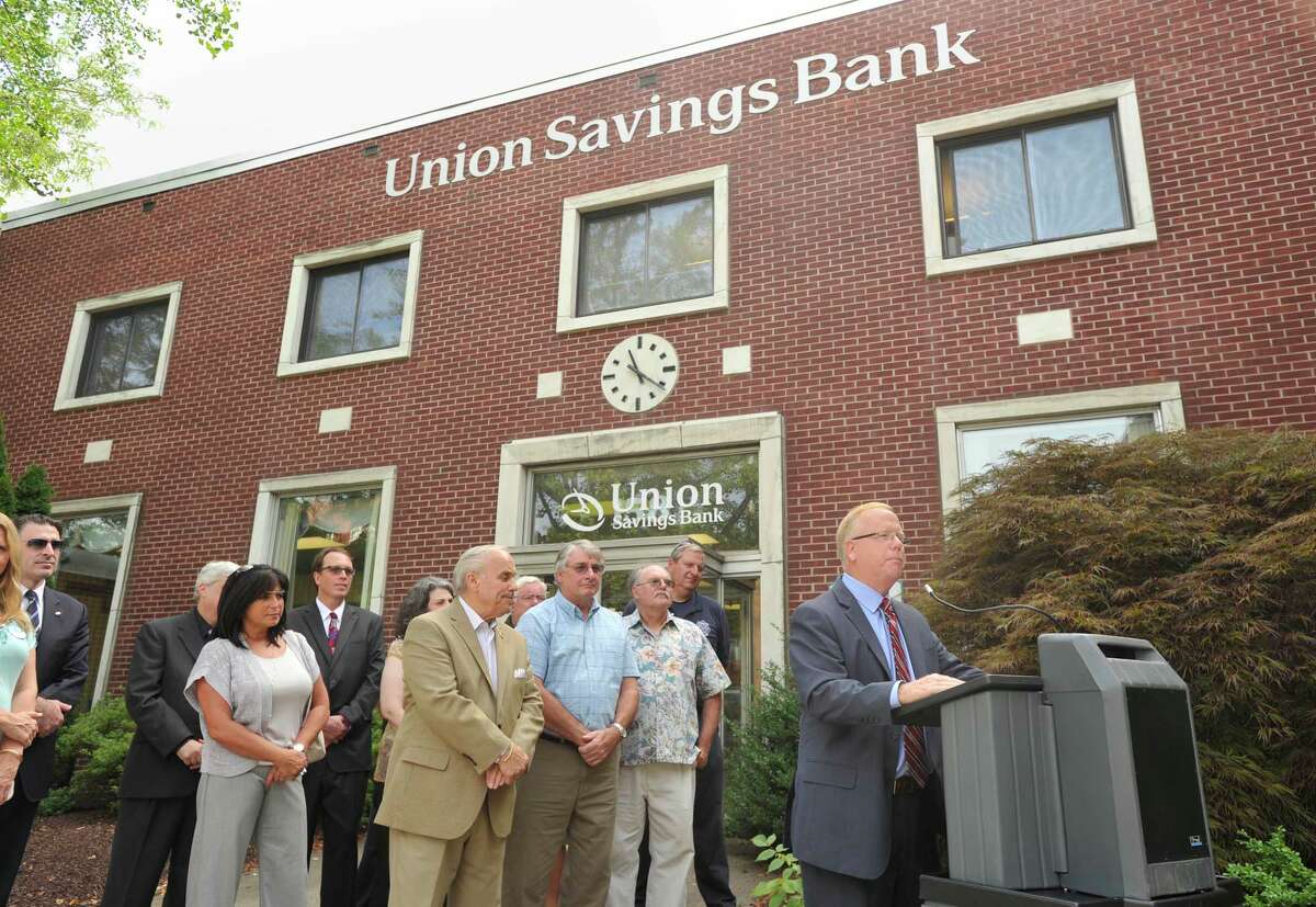 Danbury Mayor Mark Boughton speaks during the announcement of the Danbury Innovation Center in front of Union Savings Bank on Main Street on Tuesday, Aug. 7, 2012. The $500,000 price tag is included in the $55 million bond proposal which will be on the November ballot.