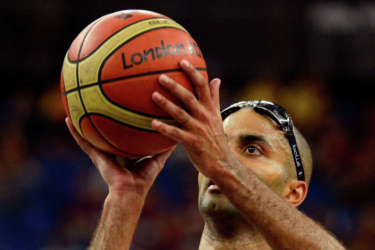 LONDON, ENGLAND - AUGUST 08: Tony Parker #9 of France shoots a free throw while taking on Spain during the Men's Basketball quaterfinal game on Day 12 of the London 2012 Olympic Games at North Greenwich Arena on August 8, 2012 in London, England.