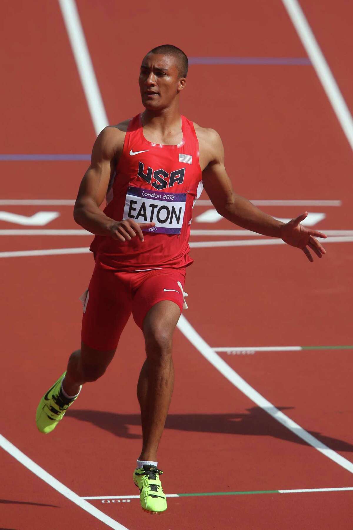 LONDON, ENGLAND - AUGUST 08: Ashton Eaton of the United States competes in the Men's Decathlon 100m Heats on Day 12 of the London 2012 Olympic Games at Olympic Stadium on August 8, 2012 in London, England.