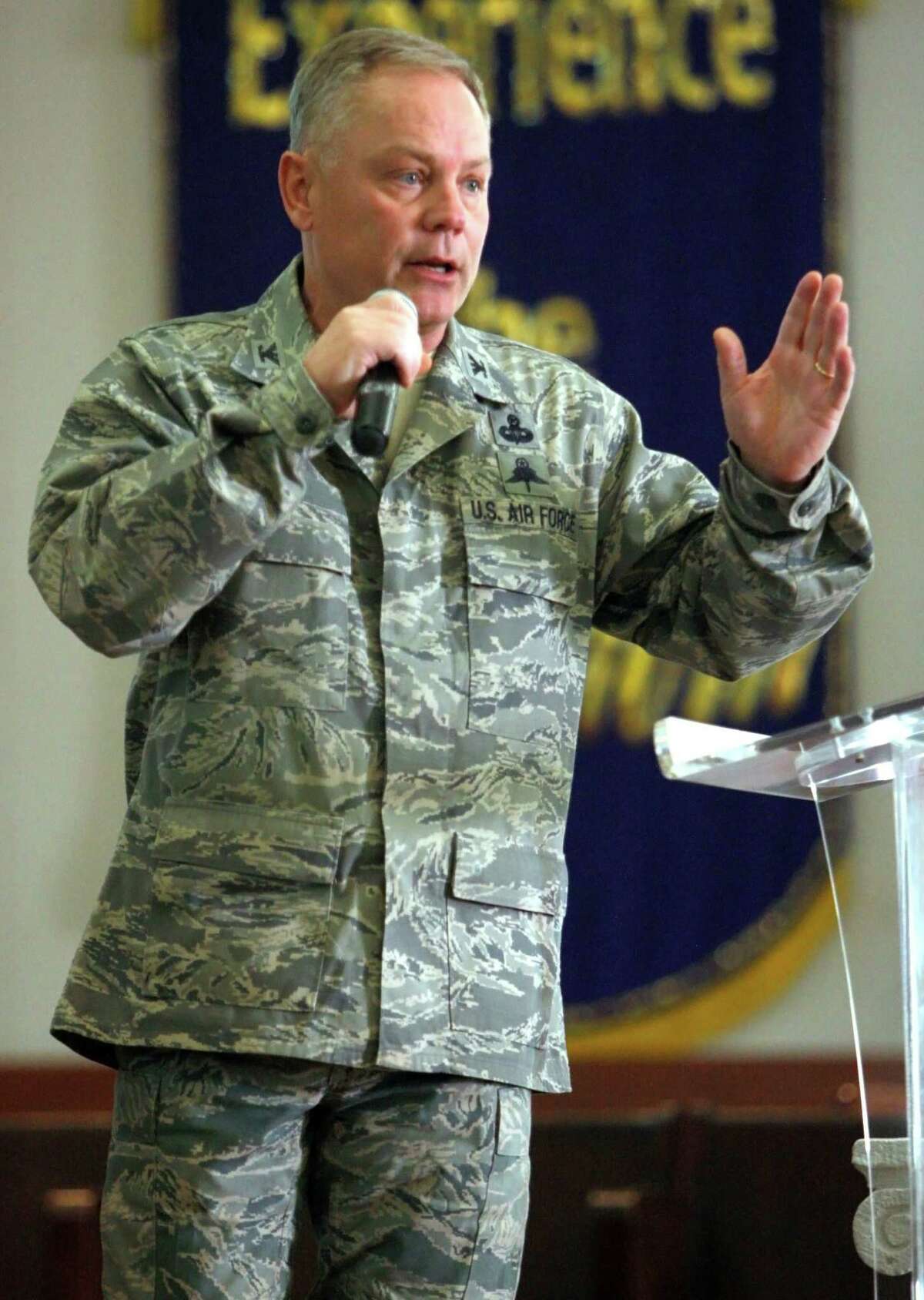 Col. Glenn Palmer, commander of the 737th Training Group at Lackland AFB, speaks Friday March 2, 2012 to trainees during so-called Zero Week activities.