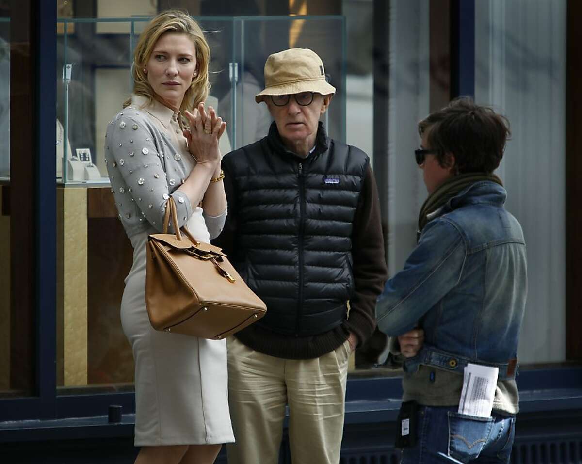 Actress Cate Blanchett discusses a scene with director Woody Allen during filming of Allen's new movie at Shreve and Co. jewelers at Post Street and Grant Avenue in San Francisco, Calif. on Friday, Aug. 10, 2012.
