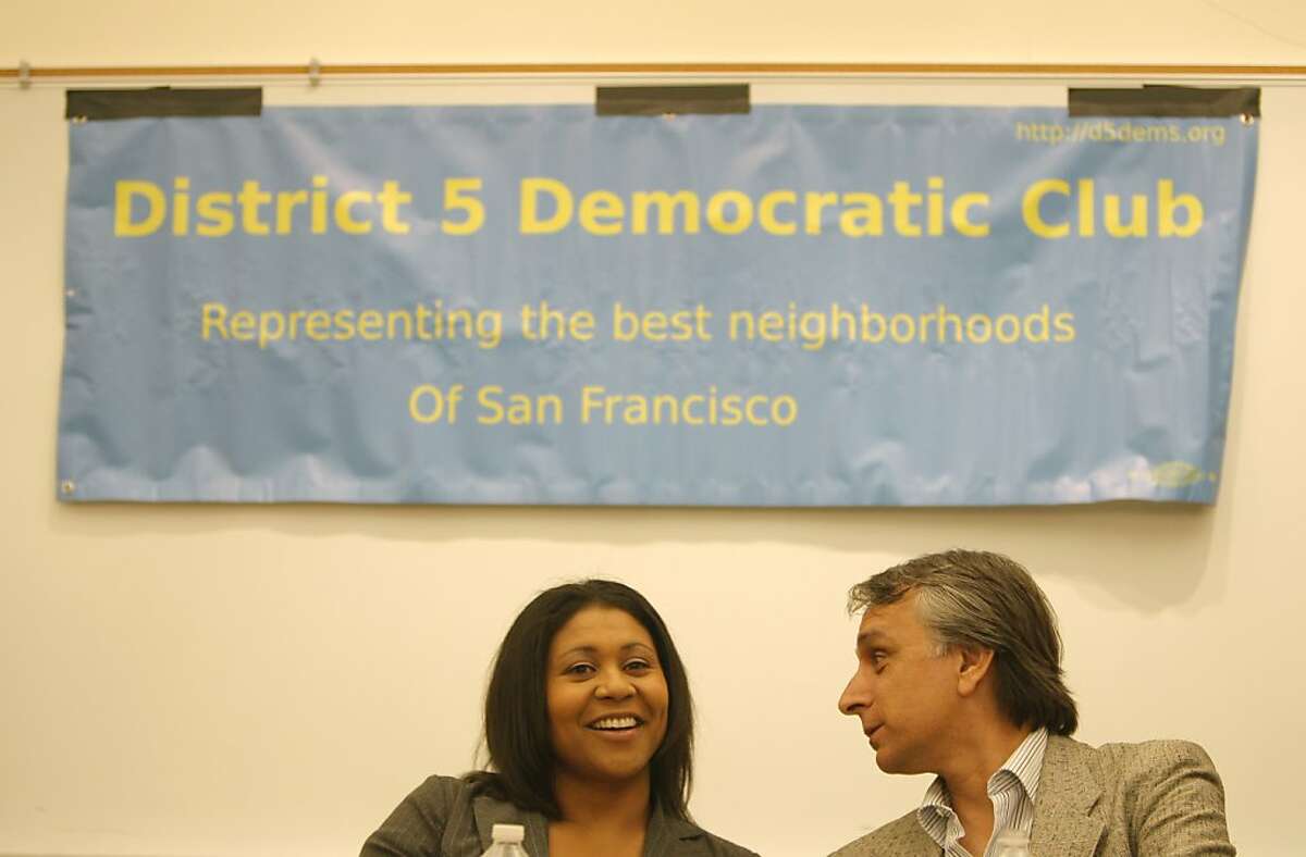 Candidates London Breed (left) and John Rizzo (right) are seen speaking at the candidates debate for District Five supervisor at the Park Branch Library on Wednesday, August 8, 2012 in San Francisco, Calif.