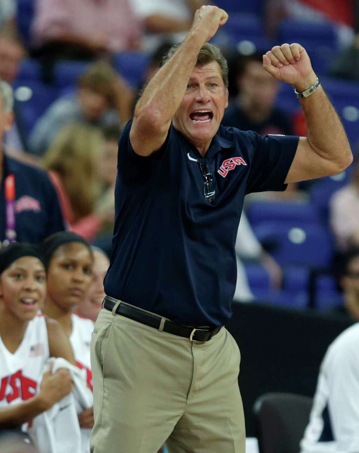 United States' head coach Geno Auriemma gestures towards his player during the women's gold medal basketball game against France at the 2012 Summer Olympics, Saturday, Aug. 11, 2012, in London. (AP Photo/Charles Krupa)