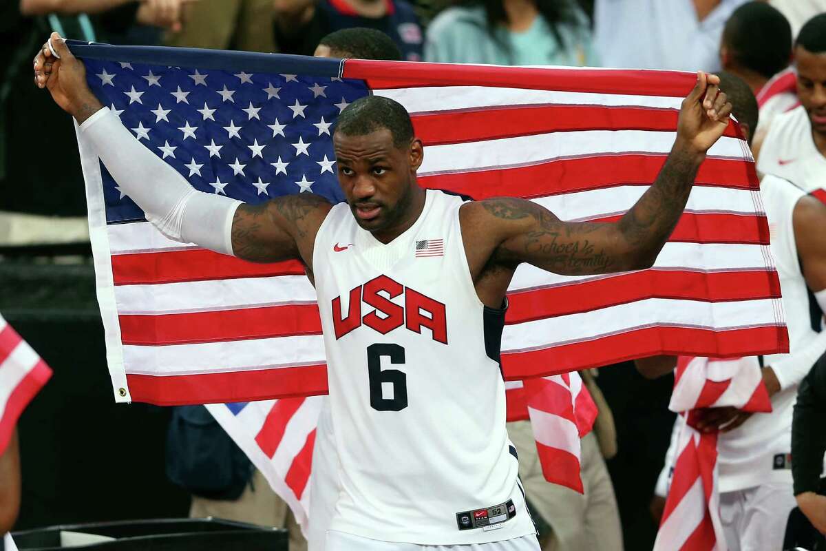 LONDON, ENGLAND - AUGUST 12: LeBron James #6 of the United States celebrates winning the Men's Basketball gold medal game between the United States and Spain on Day 16 of the London 2012 Olympics Games at North Greenwich Arena on August 12, 2012 in London, England. The United States won the match 107-100.