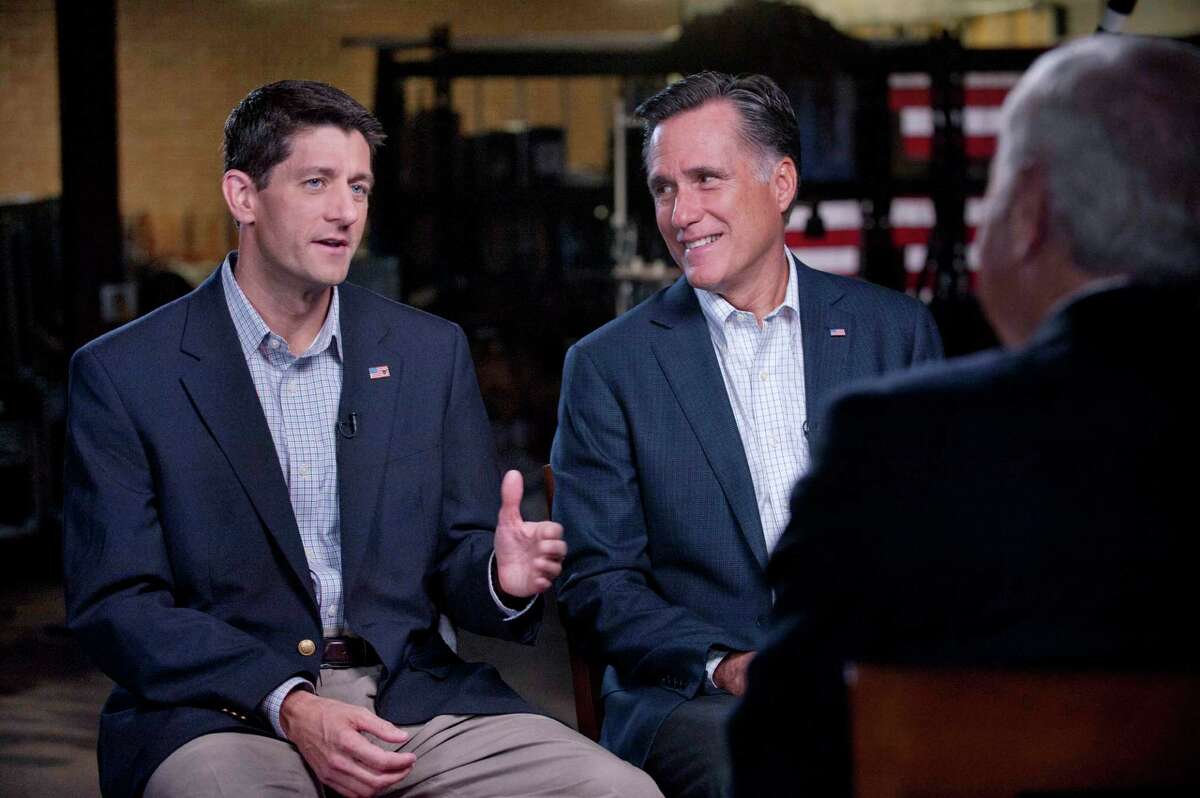 GOP Presidential nominee Mitt Romney and his newly chosen VP running mate Paul Ryan, left, talk with Bob Schieffer of "60 Minutes" on CBS, Sunday, Aug. 12, 2012. (AP Photo/CBS News, Chris Usher)